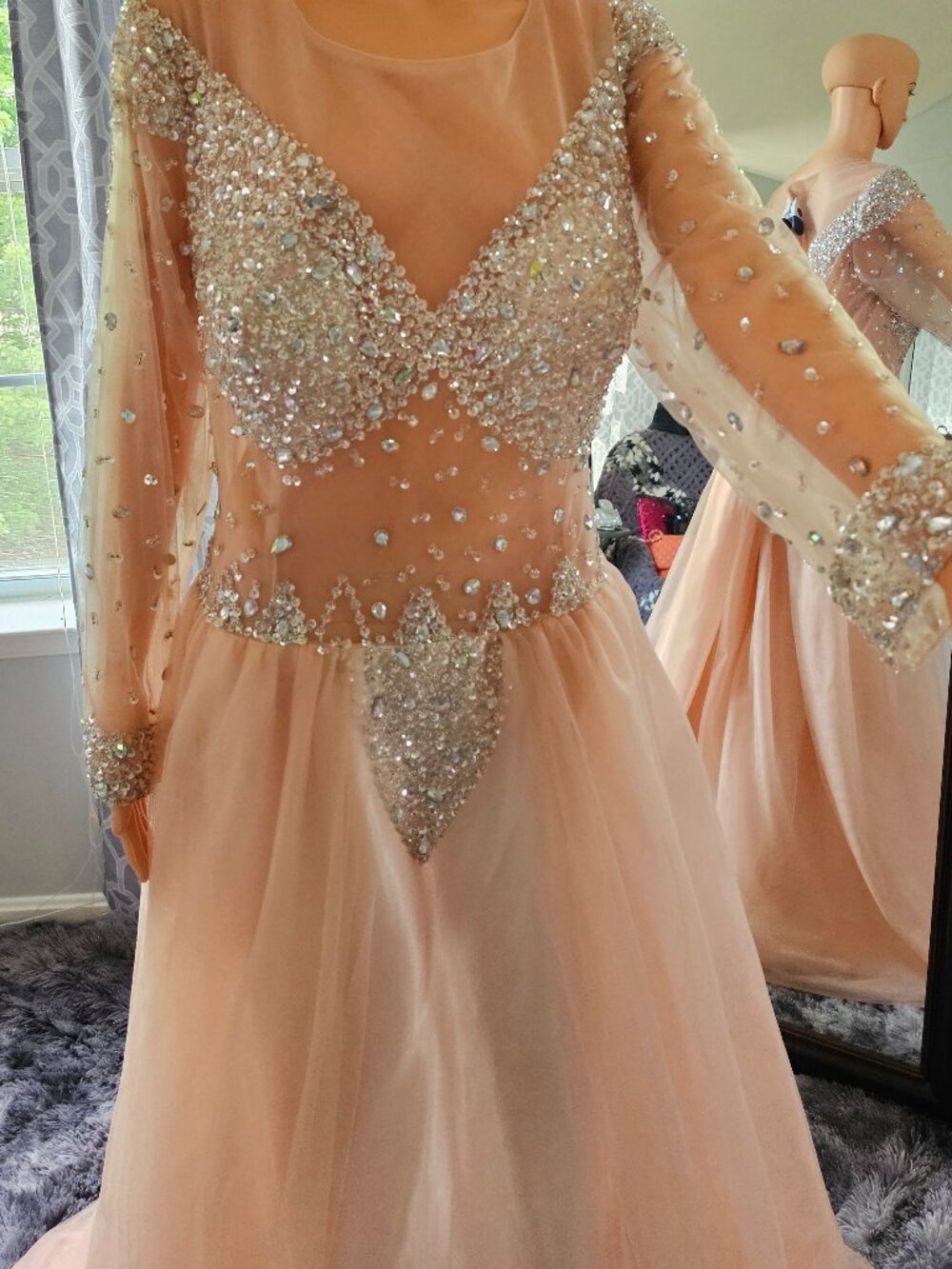 Rhinestone‑Embellished Peach Sheer‑Sleeve Gown - Picture 2 of 8